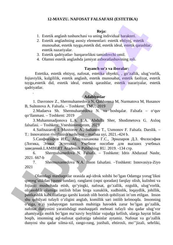Estetika va nafosat falsafasi tushunchalari