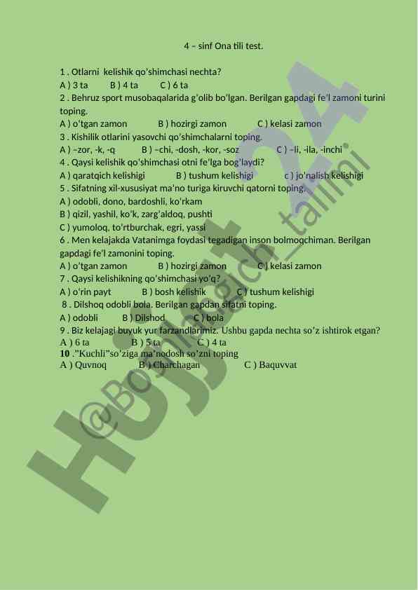 4 sinf ona tili test savollari