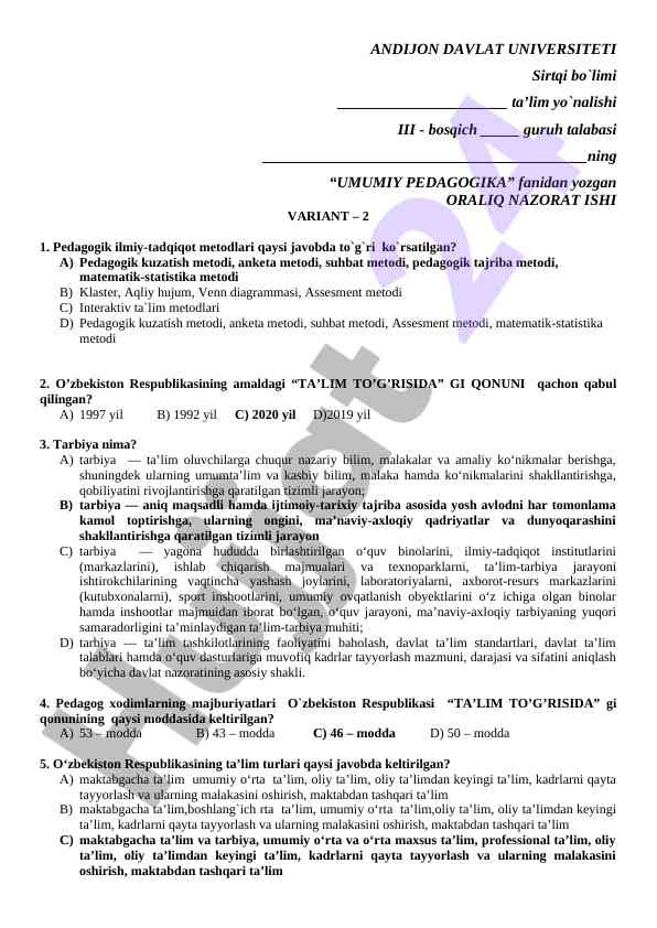 Umumiy pedagogika fanidan oralqlik nazorat ishlari