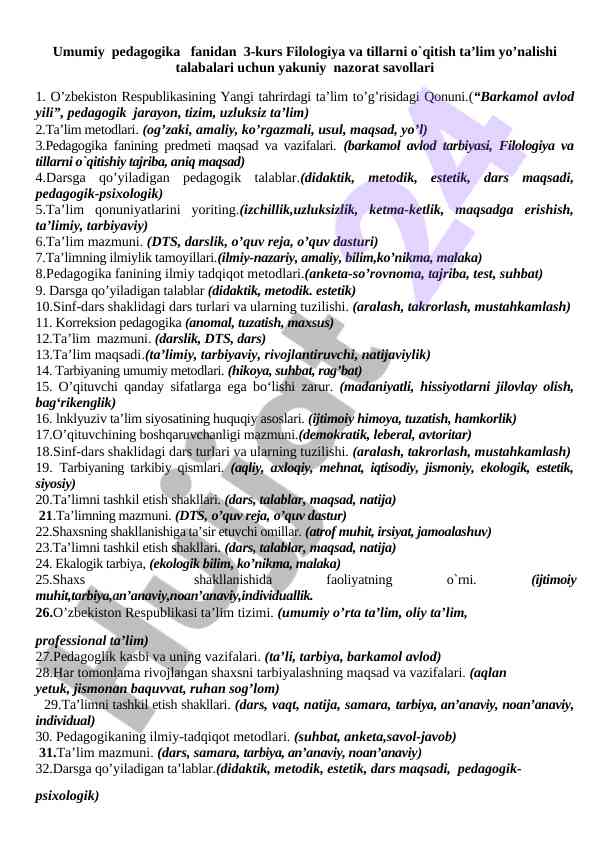 Yakuniy nazorat savollari filologiya talabalari uchun