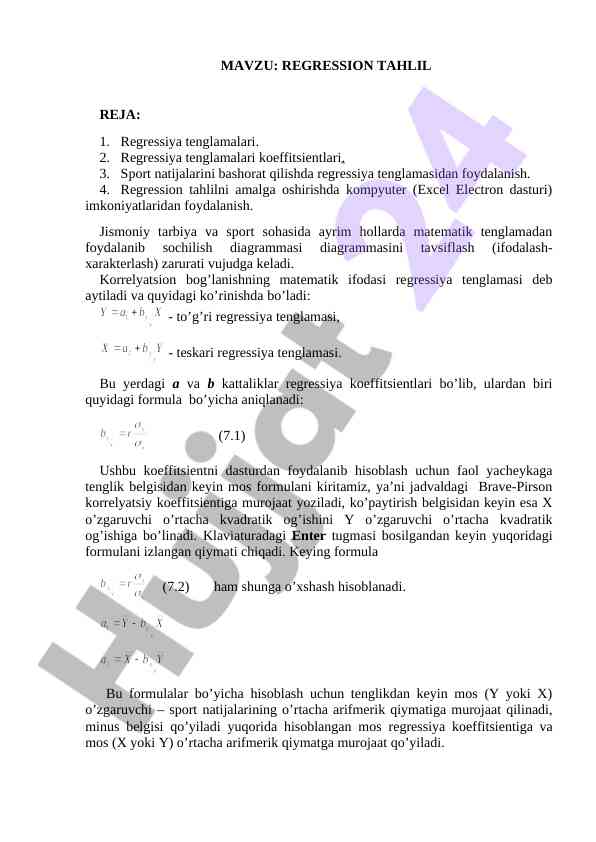 Regressiya tahlil reja sportda natijalarni bashoratlash