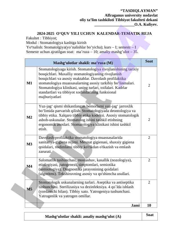 Tibbiyot fakulteti stomatologiya kalendar-tematik reja