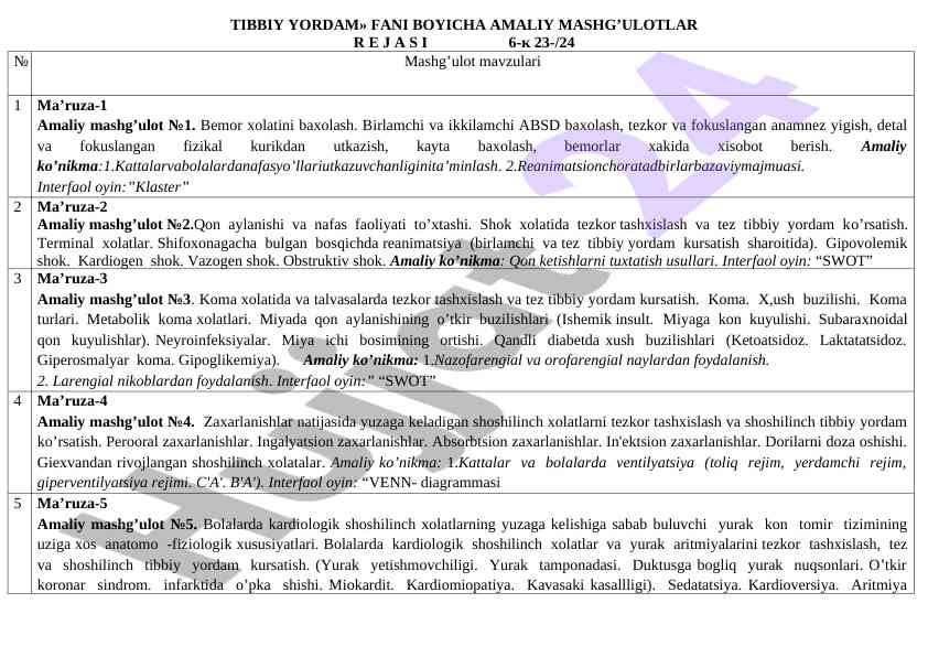 Tibbiy yordam fani bo'yicha amaliy mashg'ulotlar