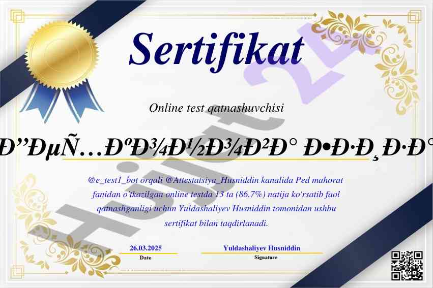 Onlayn testda faol qatnashuvchilar sertifikati