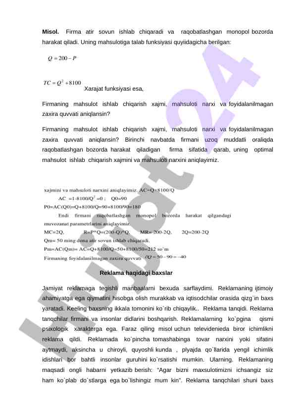 Reklama va iqtisodiy raqobat bazarlaridagi tahlil