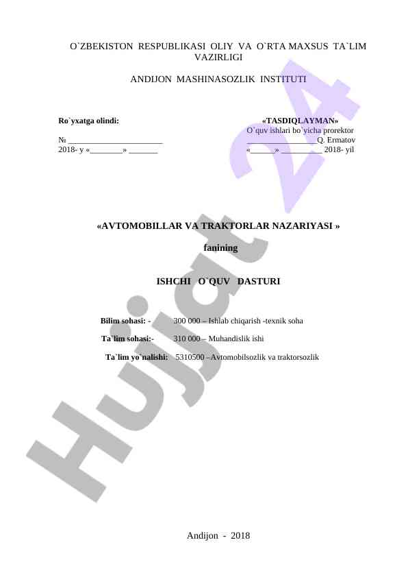 Avtombillar va traktorlardagi nazariyalar bo'yicha o'quv dasturi