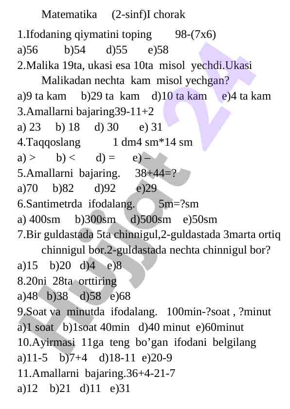 Matematika 2-sinf 1-chorak savollari