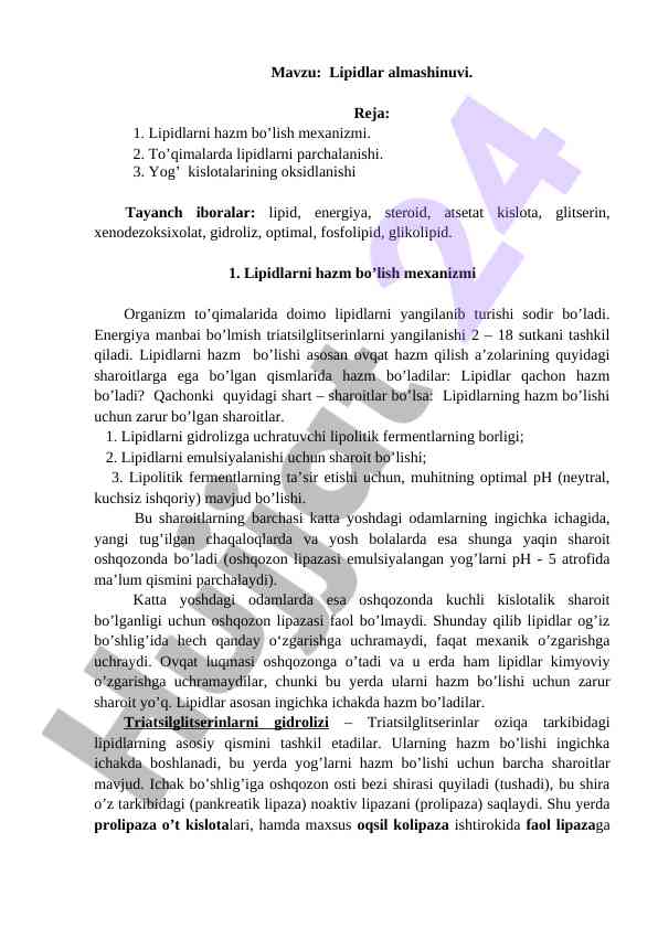 Lipidlar almashinuvi mеxanizmi tahlili