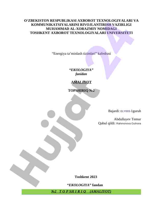 Ekologiya fandi amaliyot topshiriq №2