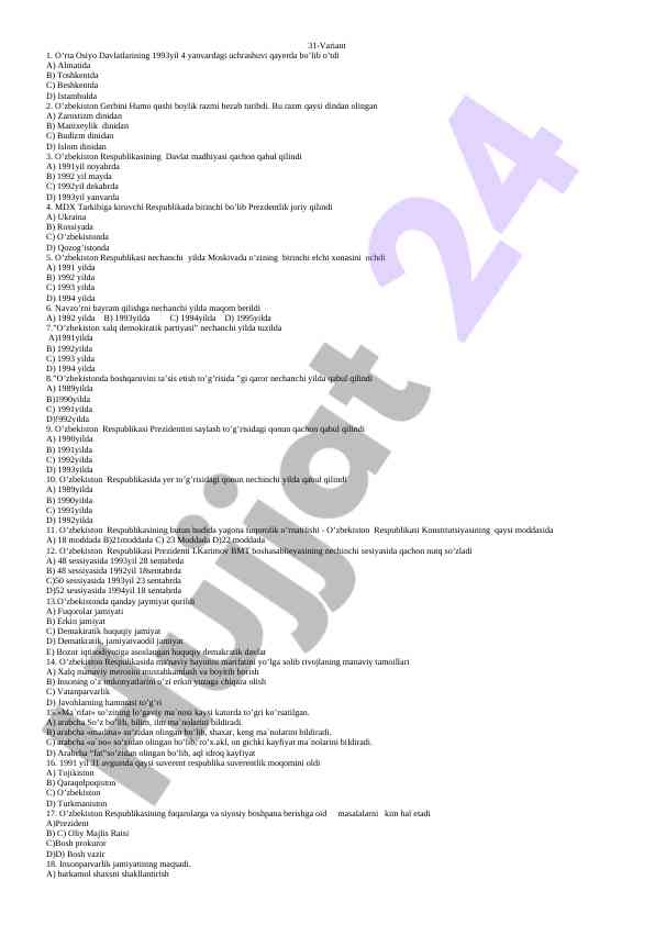 O‘zbekiston tarixi test savollari