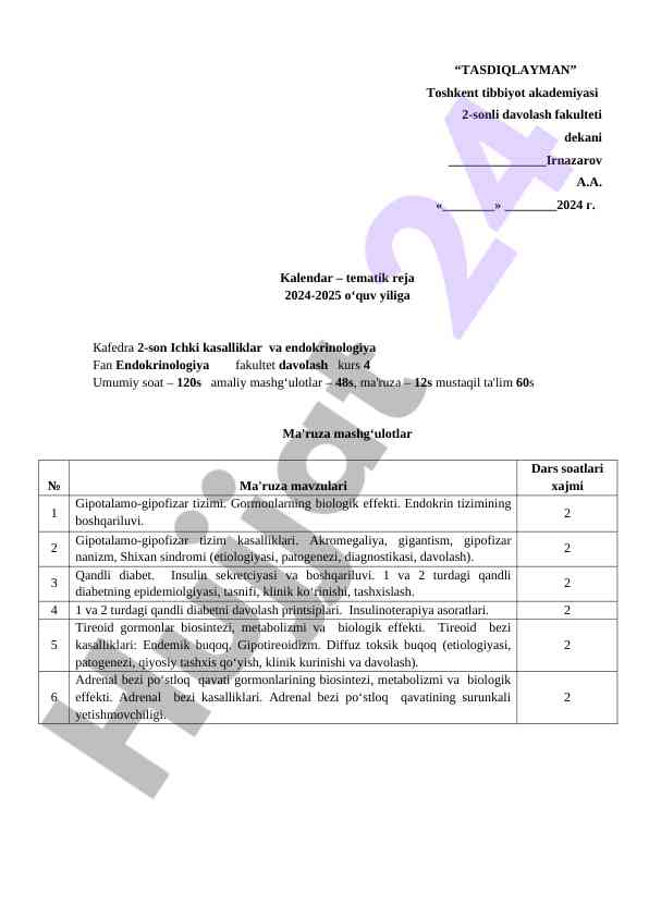 Endokrinologiya faniga oid kalendar reja 2024-2025