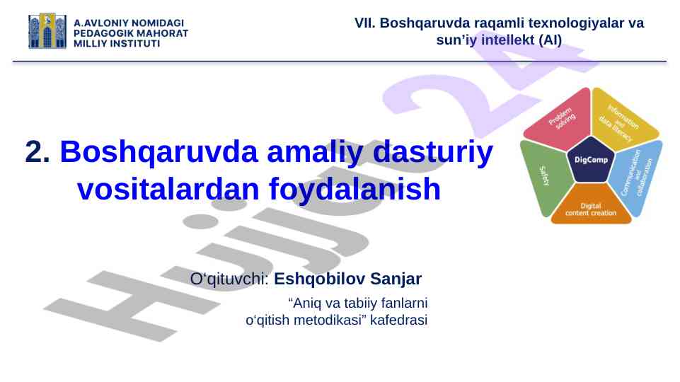 Boshqaruvda raqamli texnologiyalar va amaliy dasturlar