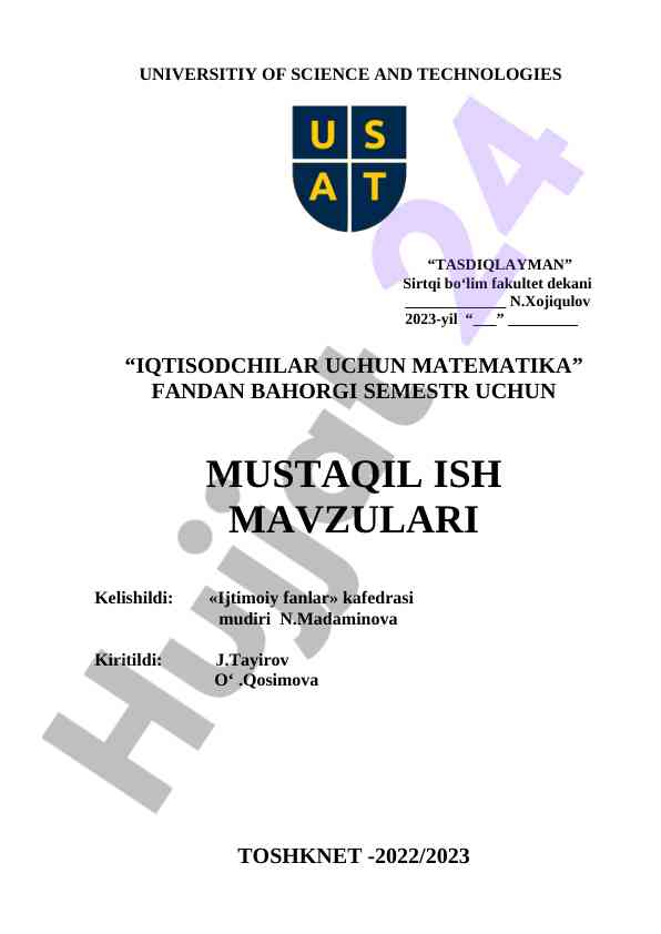 Iqtisodchilar uchun matematika mustaqil ish mavzulari