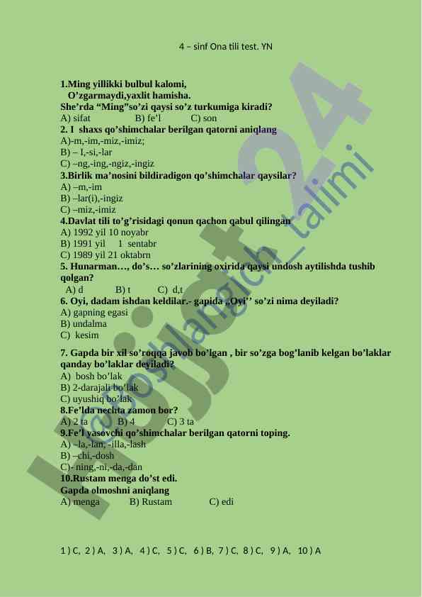Ona tili testi 4-sinf savollari