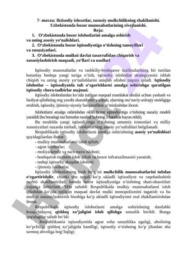 Iqtisodiy islohotlar va bozor munosabatlari rivoji