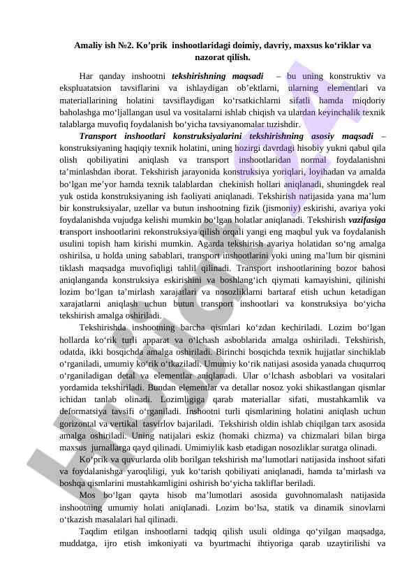 Ko’prik inshootlaridagi doimiy nazorat ishlari