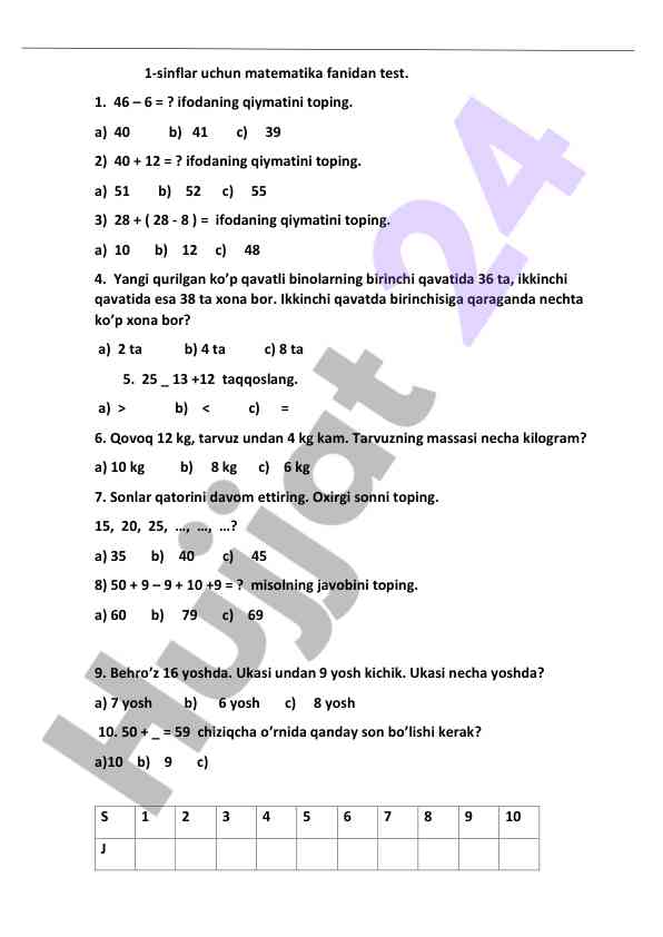 Matematika fani testi 1-sinflar uchun