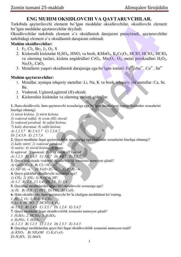 Muhim oksidlovchilar va qaytaruvchilar tahlili