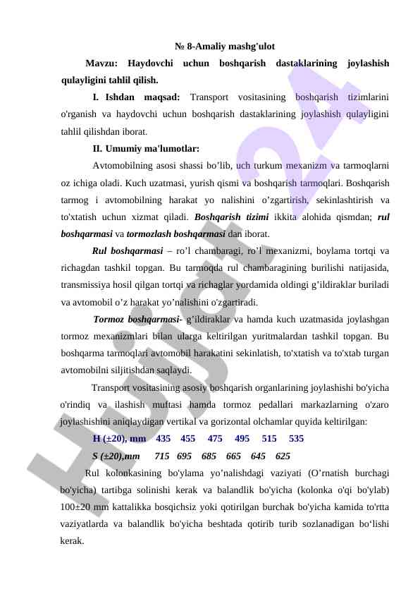 Haydovchi boshqarish dastaklari tahlili