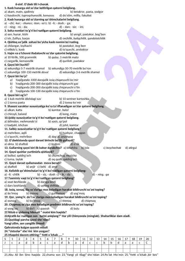 O‘zbek tili 6-sinf i-chorak test savollari