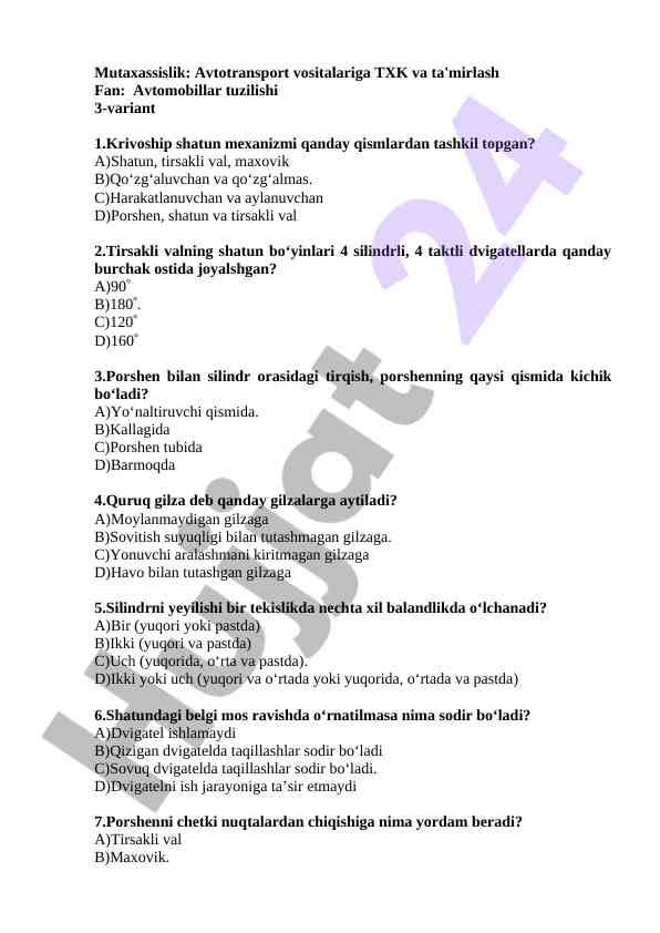 Avtomobillar tuzilishi muammo va javoblar