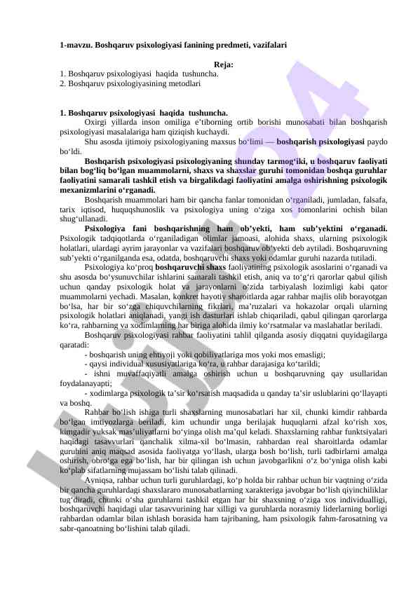 Boshqaruv psixologiyasi fanining asosiy aspektlari