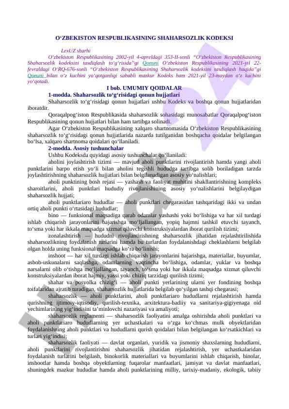 O‘zbekiston shaharsozlik kodeksi o‘zgartirishlar