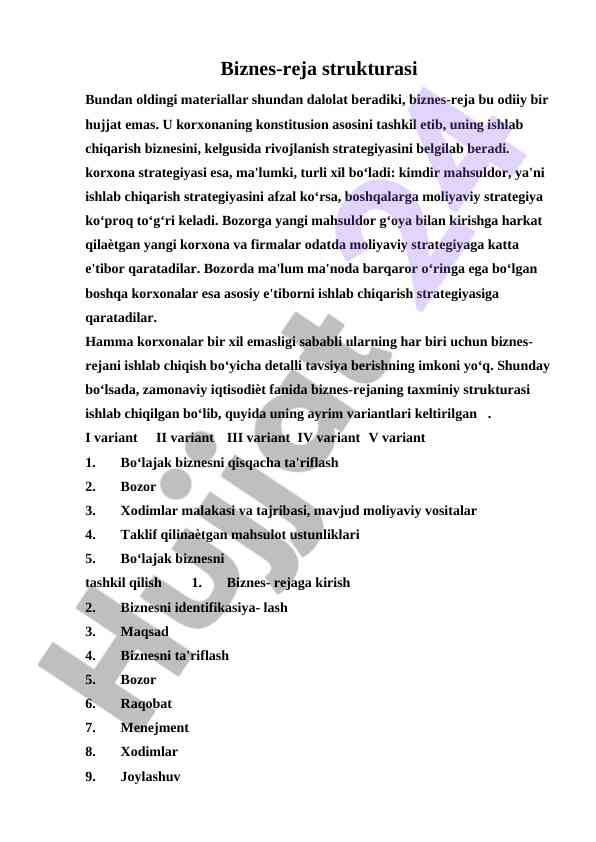 Biznes-reja strukturasi va rivojlanish strategiyalari