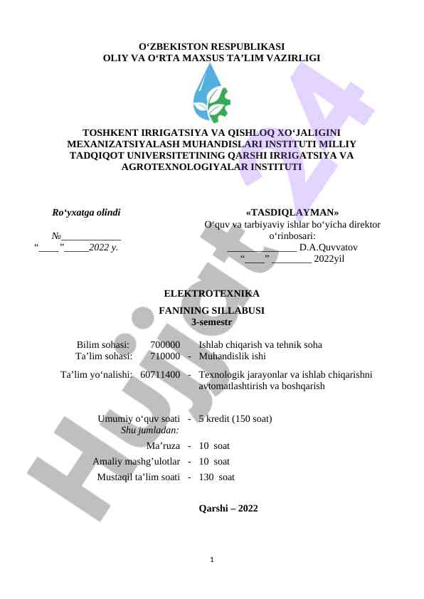 Elektrotexnika fani 3-semestr sillabusi