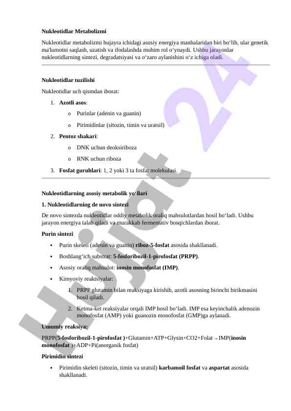 Nukleotidlar metabolizmi va ular tushunchasi