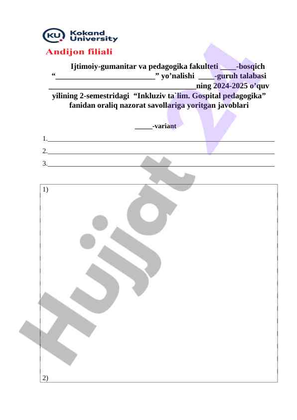 Inkluziv ta'lim gospital pedagogika savollari