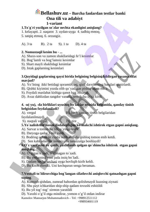 Ona tili va adabiyt testi 1-variant