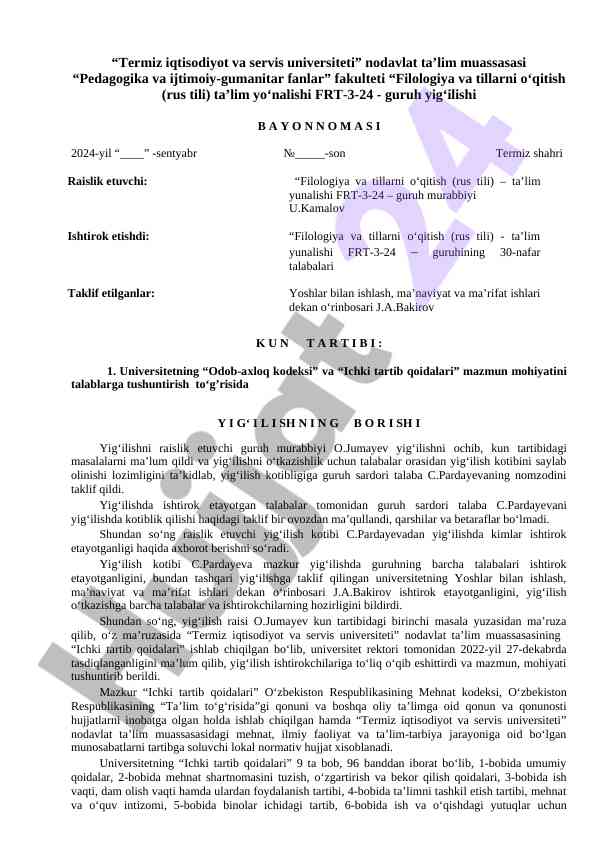 Filologiya va tillarni o‘qitish guruh yig‘ilishi bayonnomasi