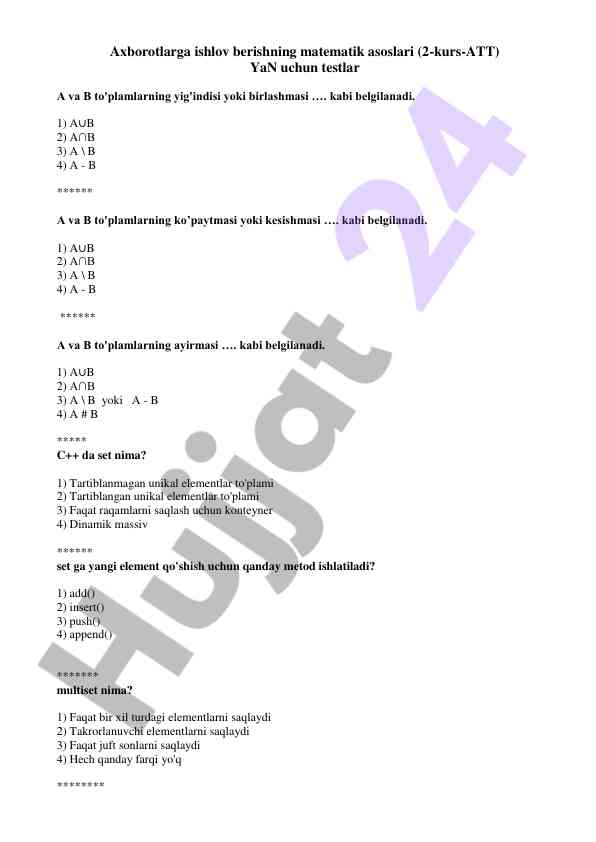 Matematik asoslar va testlar: to'plamlar
