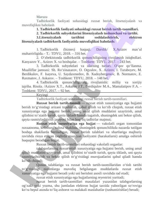 Tadbirkorlik faoliyati sohasidagi ruxsat berish tartiblari