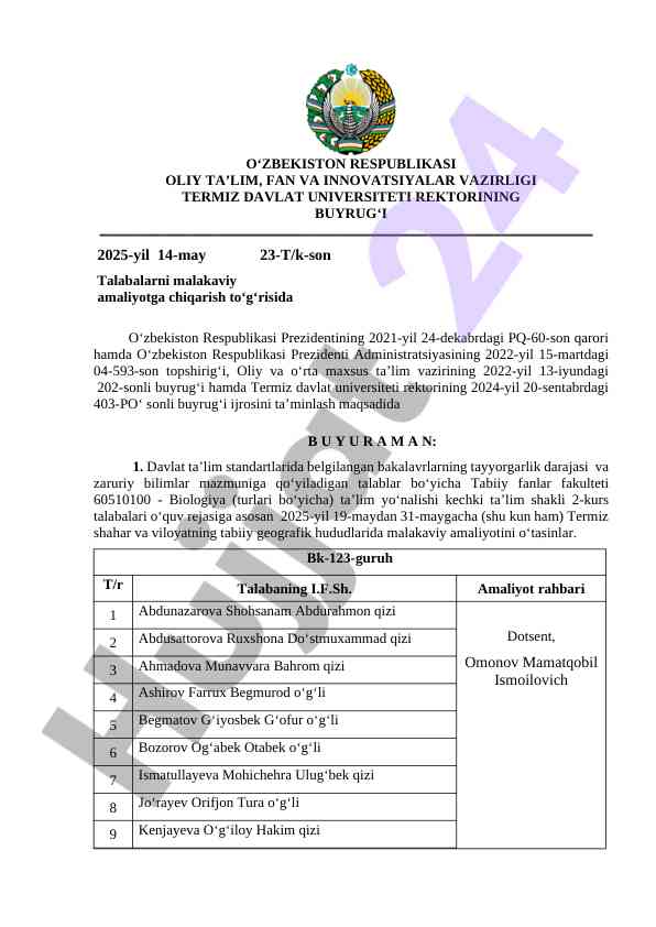 Talabalarni malakaviy amaliyotga chqarish to‘g‘risida