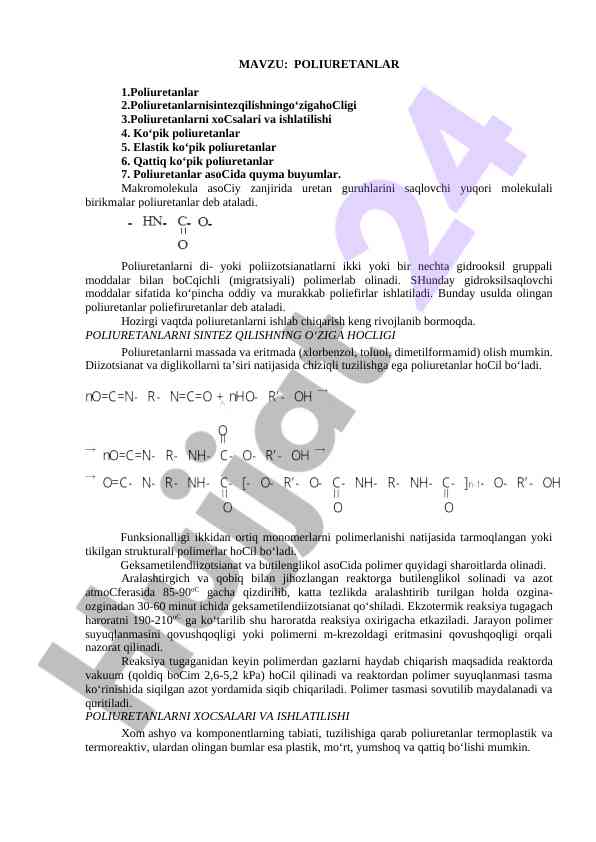 Poliuretanlar: sintez va qo‘llanilishi