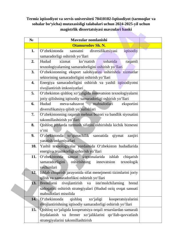 Iqtisodiyot mutaxassisligi uchun magistrlik mavzulari