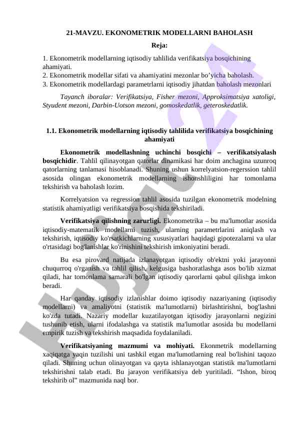 Ekonometrik Modellarni Baholash