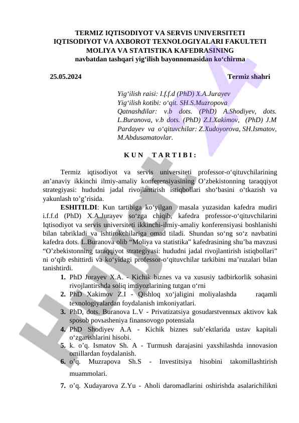 Termiz iqtisodiyot va servis universiteti yig‘ilishi
