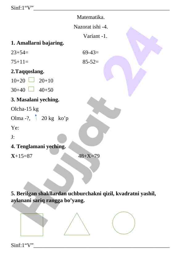 Matematika nazorat ishi variant 1 va 2