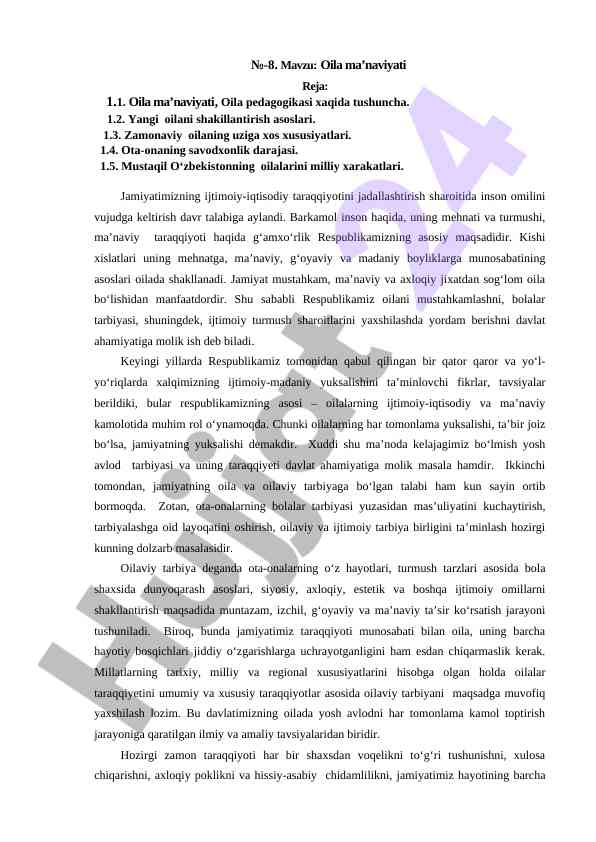 Oila ma'naviyati va zamonaviy oilalarning xususiyatlari
