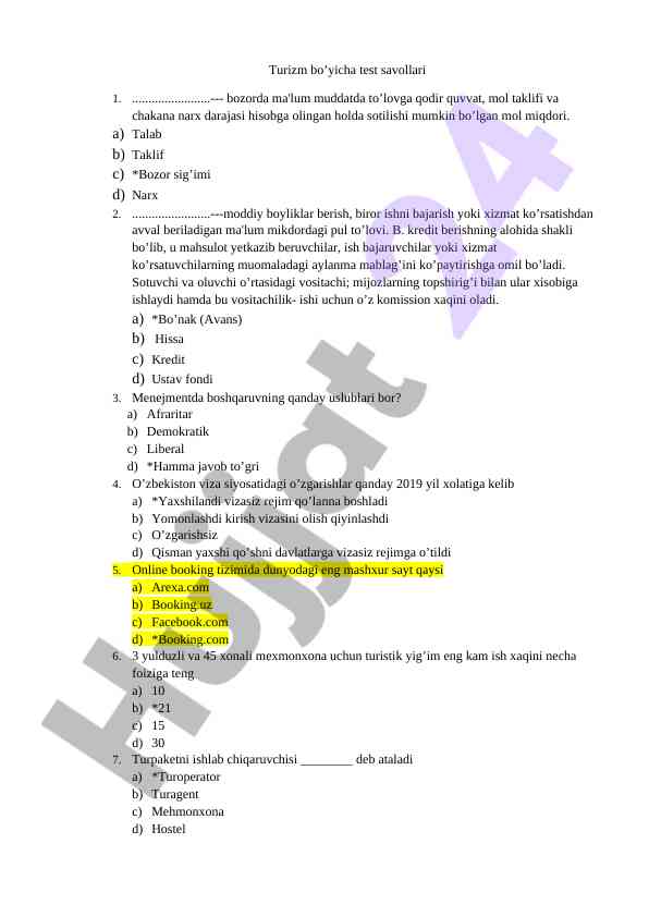 Turizm bo'yicha test savollari