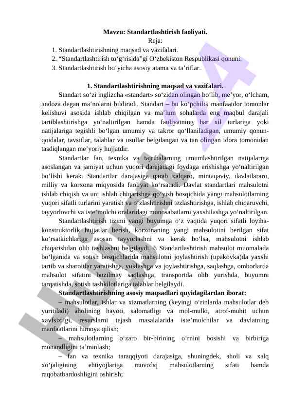 Standartlashtirish faoliyati va qonuniy asoslari