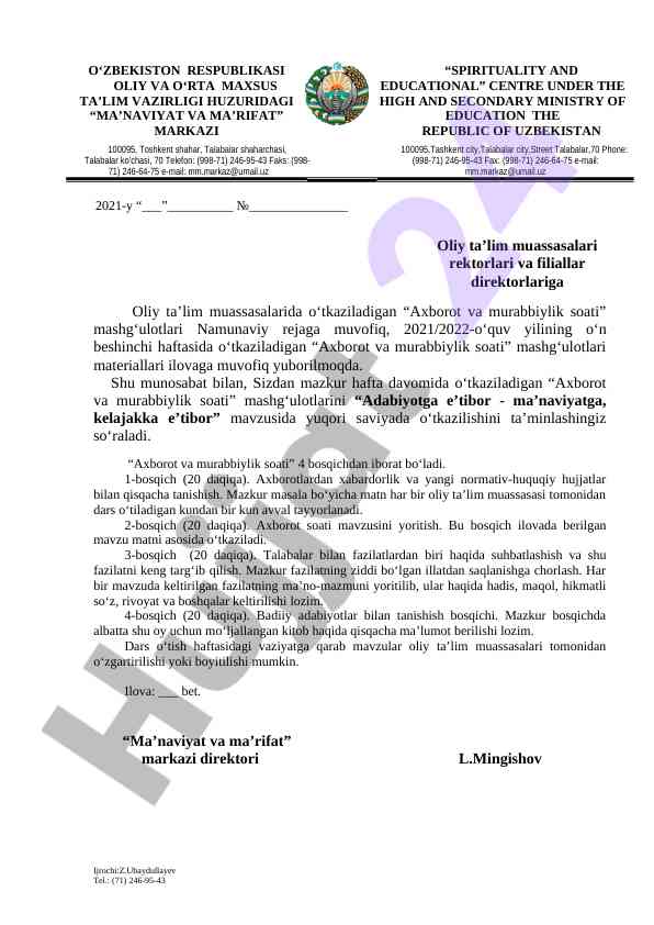 Axborot va murabbiylik soati mashg‘ulotlari rejasi