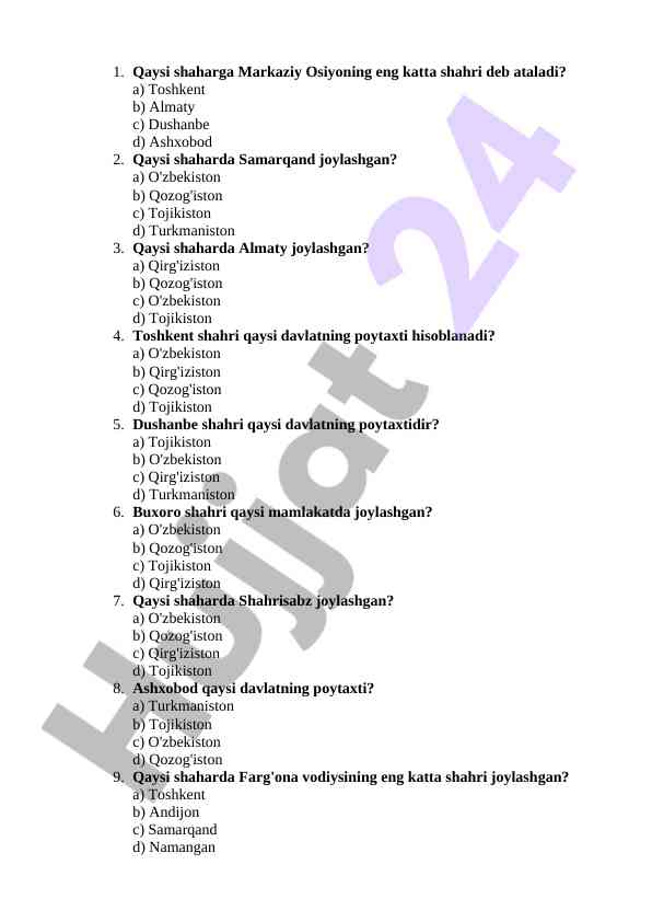 Markaziy osiyo shaharlari haqida test