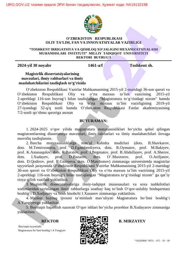 Magistrlik dissertatsiyasi mavzulari tasdiqlash 2024