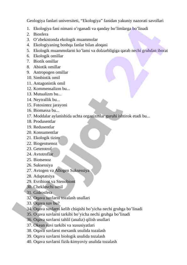 Ekologiya fani va o'zbekistondagi ekologik muammolar