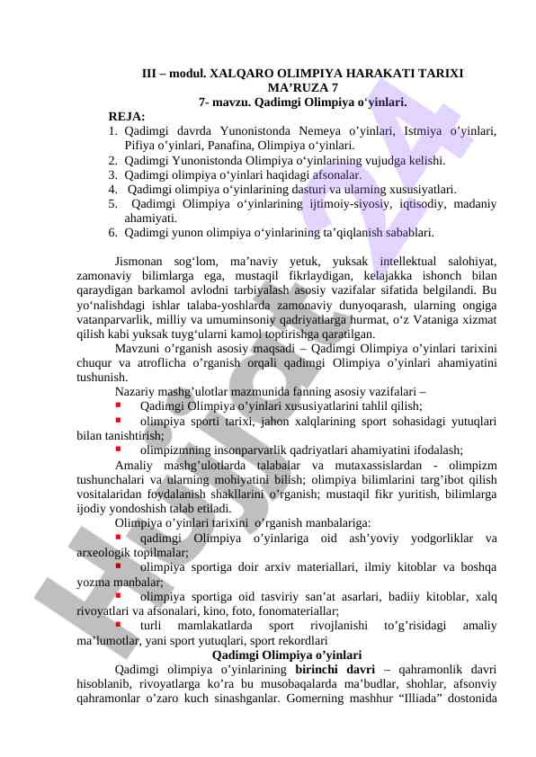 Qadimgi olimpiya o'yinlari tarixi haqida ma'ruza