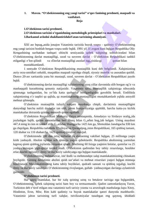 O‘zbekistonning eng yangi tarixi o‘quv fani